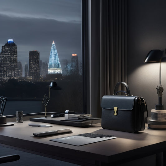 A luxury office setup with a sleek, black Carl Friedrik Palissy briefcase centered, surrounded by a MacBook, papers, and a minimalist desk lamp, against a blurred, gray cityscape background.