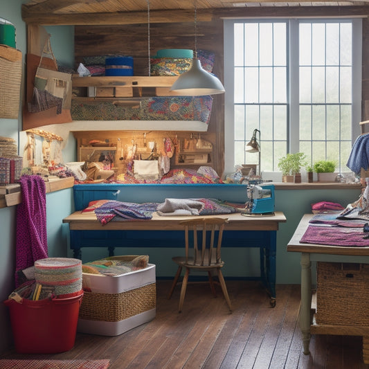 A clutter-free, well-lit attic sewing room with a modern workstation, built-in shelves, and a vintage sewing machine on a refurbished wooden table, surrounded by baskets and bins of colorful fabrics.