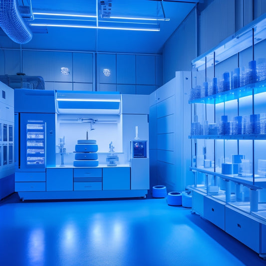 A futuristic 3D printing laboratory with sleek machinery, colorful spools of filament, and half-finished prints in various shapes and sizes, illuminated by soft blue and white LED lights.