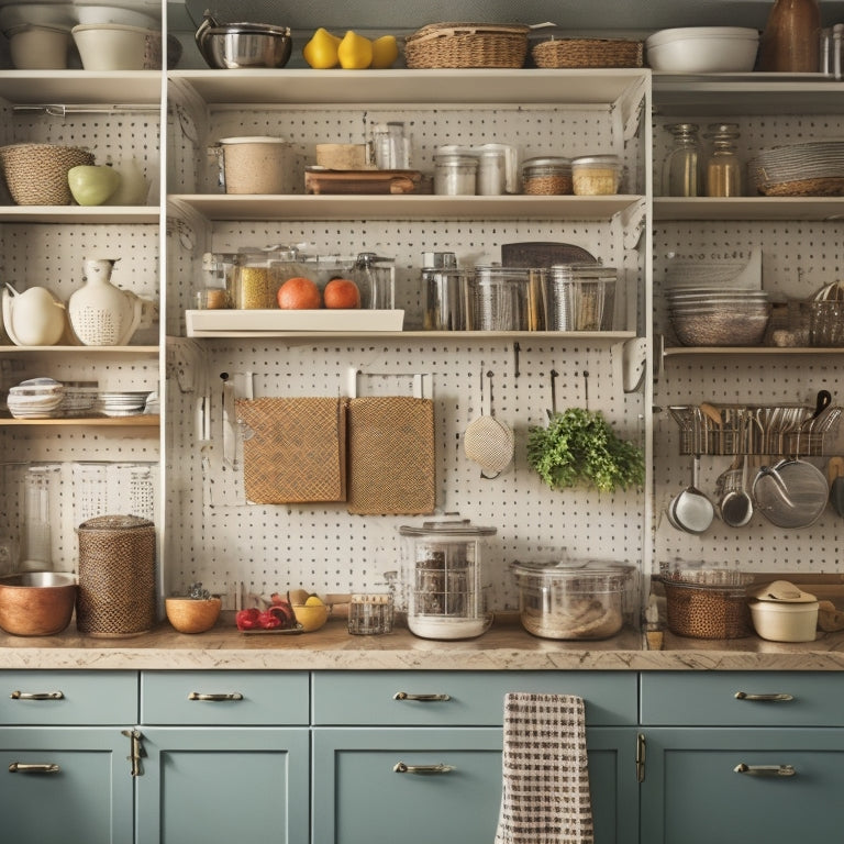 A tidy kitchen with a utensil organizer on the counter, a pull-out pantry, and a pegboard on the wall, surrounded by neatly arranged cookbooks and a few strategically placed baskets.