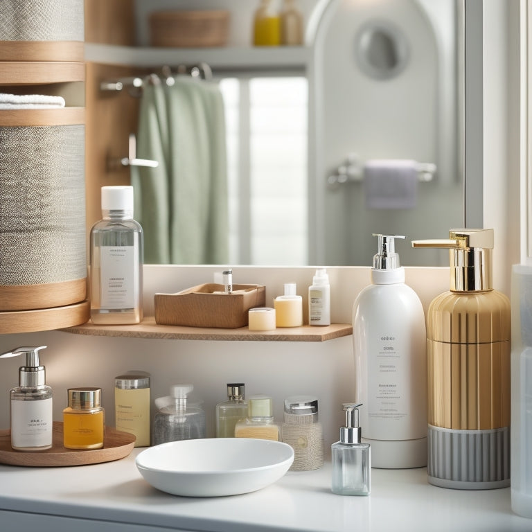 A tidy bathroom sink cabinet with dividers, baskets, and a rotating turntable, showcasing neatly stored toiletries, skincare products, and cleaning supplies in a soft, warm lighting.