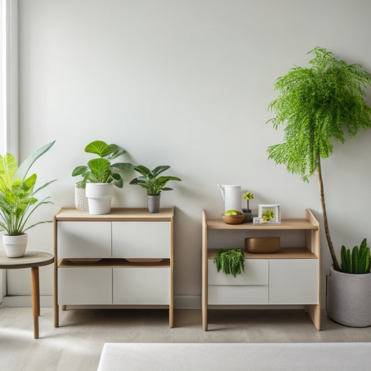 A serene, minimalist room with a sleek, wooden desk, a few, carefully-placed, potted plants, and a few, neatly-stacked, storage bins against a crisp, white background.