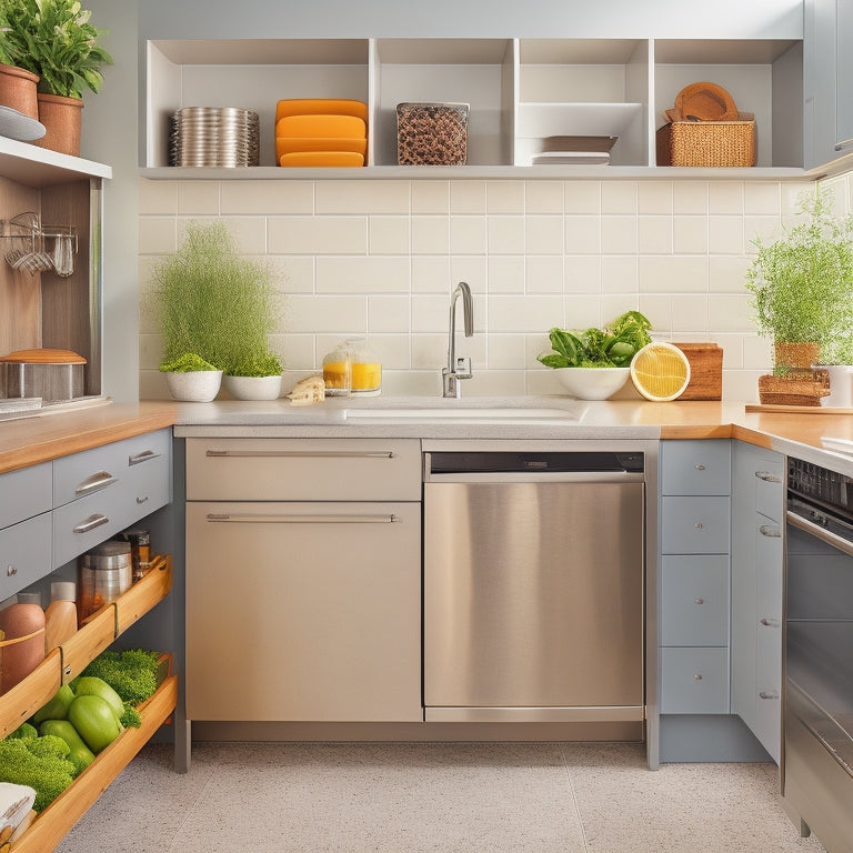 A bright, modern kitchen with a sink area featuring a pull-out trash can, a slide-out utensil organizer, and a built-in spice rack, all in a sleek, stainless steel finish.