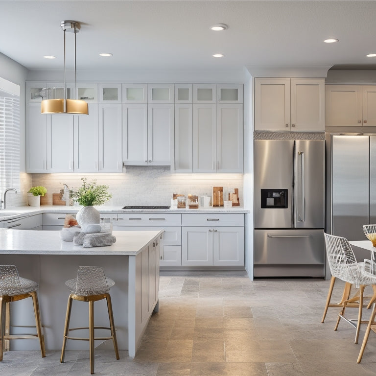 A modern, sleek kitchen with light gray cabinets, white quartz countertops, and stainless steel appliances, showcasing a compact, U-shaped layout with a retractable dining table and pendant lighting.