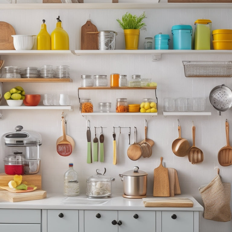 A bright, organized kitchen with a utensil organizer on the wall, a labeled spice rack, a pull-out trash can, and a clean countertop with a single, shining kitchen appliance.