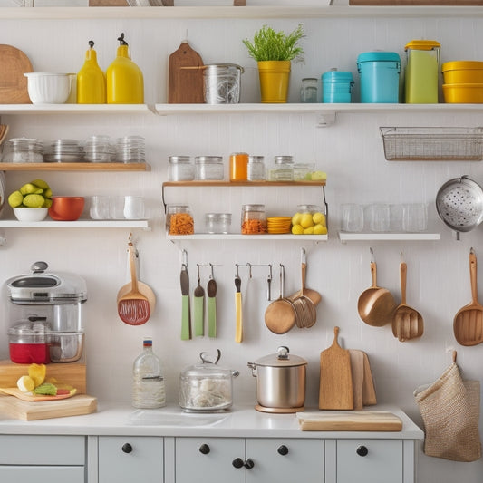 A bright, organized kitchen with a utensil organizer on the wall, a labeled spice rack, a pull-out trash can, and a clean countertop with a single, shining kitchen appliance.