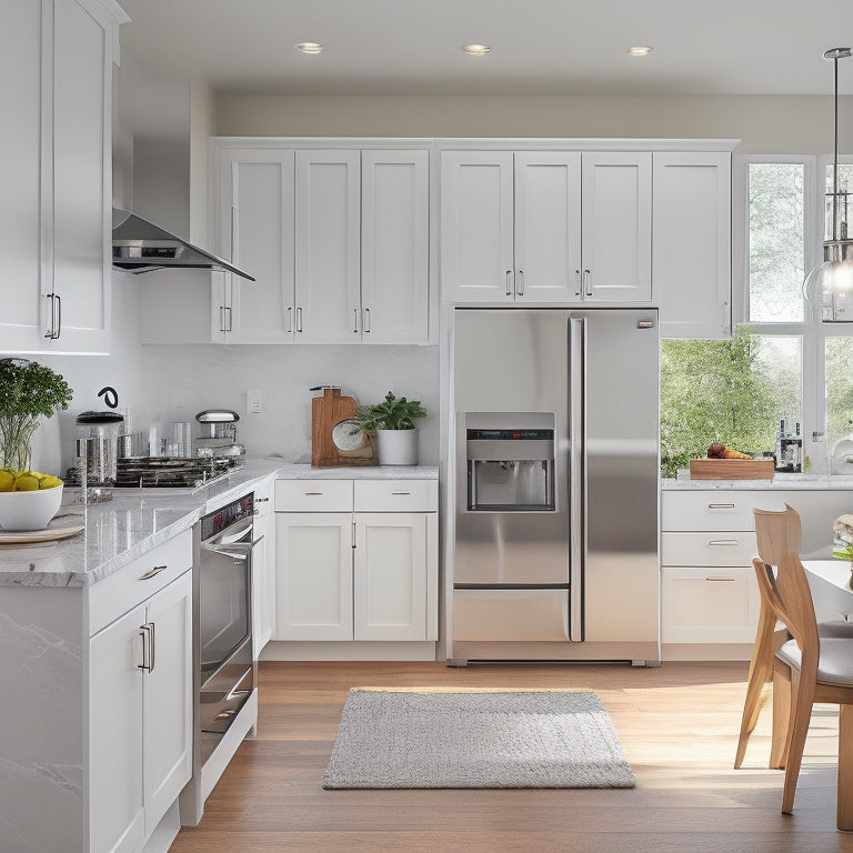 A bright, modern kitchen with sleek white cabinets, featuring pull-out spice racks, soft-close drawers, and adjustable shelves, surrounded by gleaming stainless steel appliances and warm hardwood flooring.