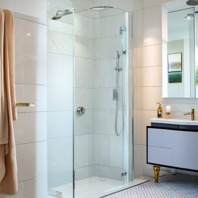 A sleek, modern bathroom with a wall-mounted diverter valve trim featuring a polished chrome finish, surrounded by marble tiles and a rainfall showerhead.