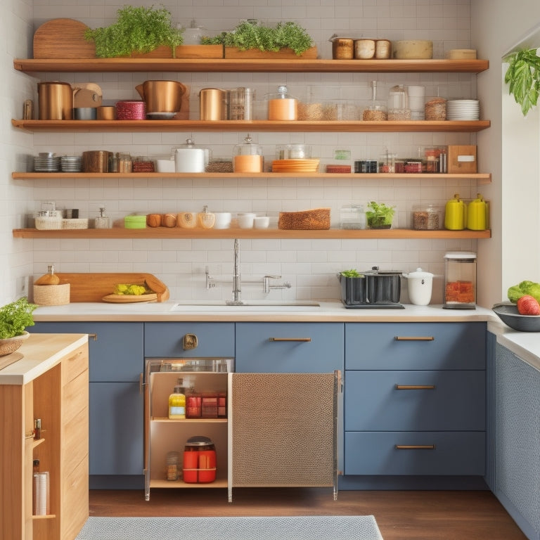 A modern, sleek kitchen with a wall-mounted pegboard, a slide-out spice rack, a compact island with built-in storage, and a sink area with a retractable faucet and a hidden trash can.