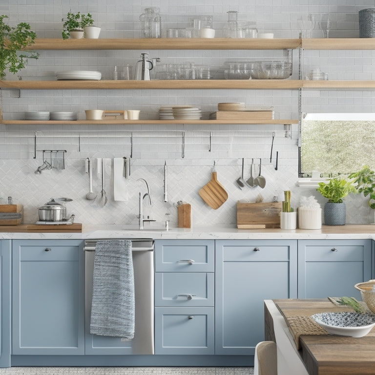 A bright, modern kitchen with sleek countertops, featuring a mix of open shelving, pull-out cabinets, and a pegboard with hanging utensils, all organized to perfection, surrounded by a calm atmosphere.