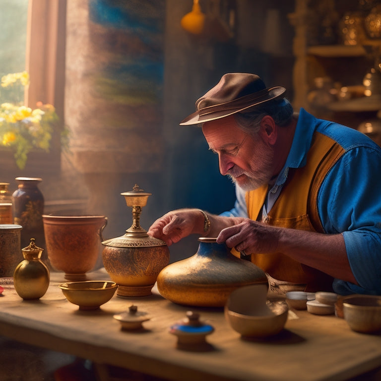 A warm, golden-lit scene featuring a skilled Italian artisan meticulously crafting a delicate, hand-painted ceramic vase, surrounded by scattered brushes, paint, and half-finished masterpieces.