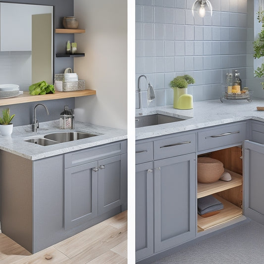 A modern, sleek kitchen sink area with a cabinet door open, revealing a Rev-A-Shelf sink cabinet organizer with adjustable dividers, baskets, and a soft-close drawer, surrounded by clean lines and minimal decor.