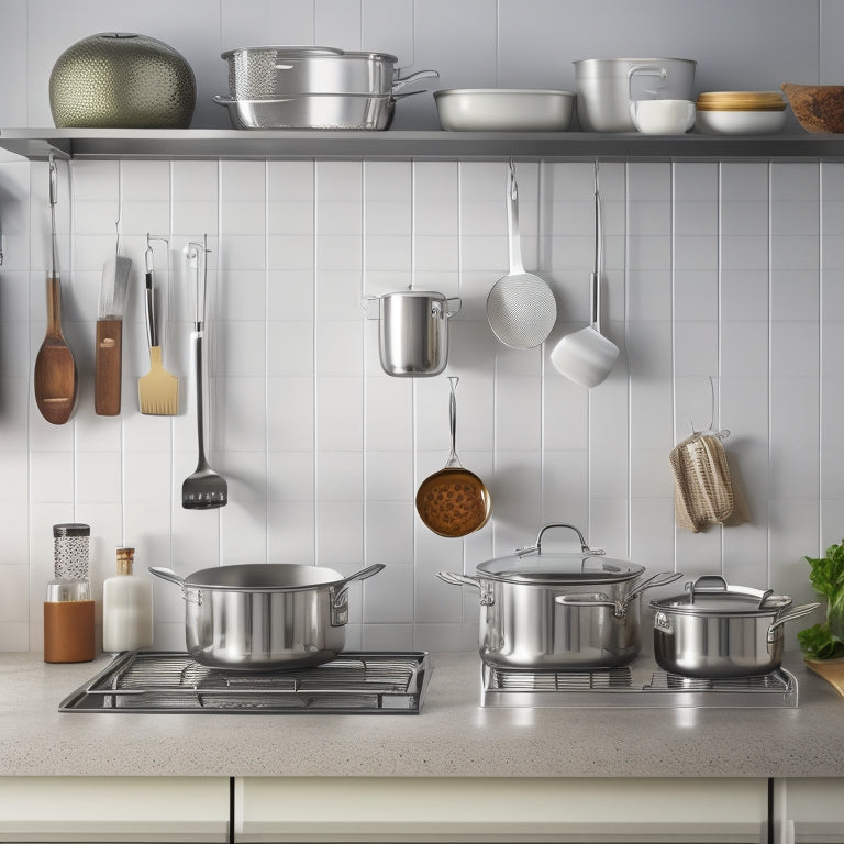 A tidy kitchen with a minimalist aesthetic: a single, gleaming stainless steel saucepan on a stovetop, a compact utensil organizer on the countertop, and a small, labeled spice rack on a nearby wall.