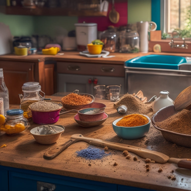 A cluttered kitchen countertop with scattered kitchen utensils, expired food packets, and dusty appliances, surrounded by dirty dishes and a toaster with crumbs spilling out, amidst a blurred background of a messy kitchen.