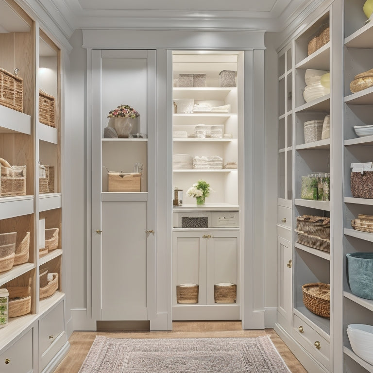 A serene, well-lit walk-in pantry with custom cabinetry, soft-close drawers, and adjustable shelves, featuring a mix of open and closed storage, surrounded by calming neutral tones and natural textures.