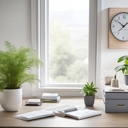 A serene and organized home office with a planner open on a tidy desk, surrounded by a few strategically placed plants, a minimalist clock, and a few essential office supplies.