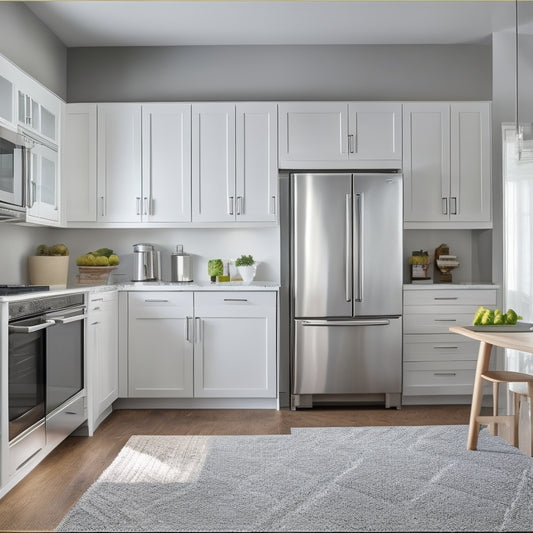 A modern kitchen with sleek, white cabinets, a stainless steel refrigerator, and dark hardwood floors, featuring a sliding cabinet organizer with clear glass shelves and chrome handles.