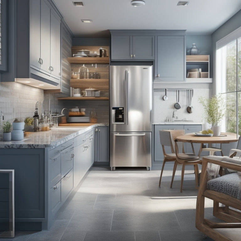 A modern kitchen with grab bars, a roll-under sink, and a wheelchair-accessible island, featuring a single-story cabinet with pull-out shelves and a touchless faucet.