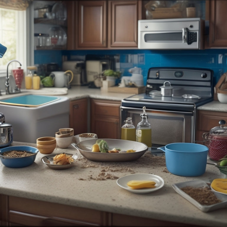 A cluttered kitchen counter with a sink piled high with dirty dishes, a toaster with crumbs scattered around it, and a blender with a cracked lid, surrounded by open cabinets with utensils spilling out.