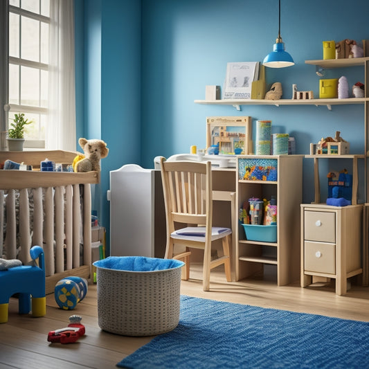 A cheerful, well-lit playroom with a toddler-sized table, wooden blocks, and a few toys organized on shelves, surrounded by a few carefully placed stepping stools and a miniature laundry basket.