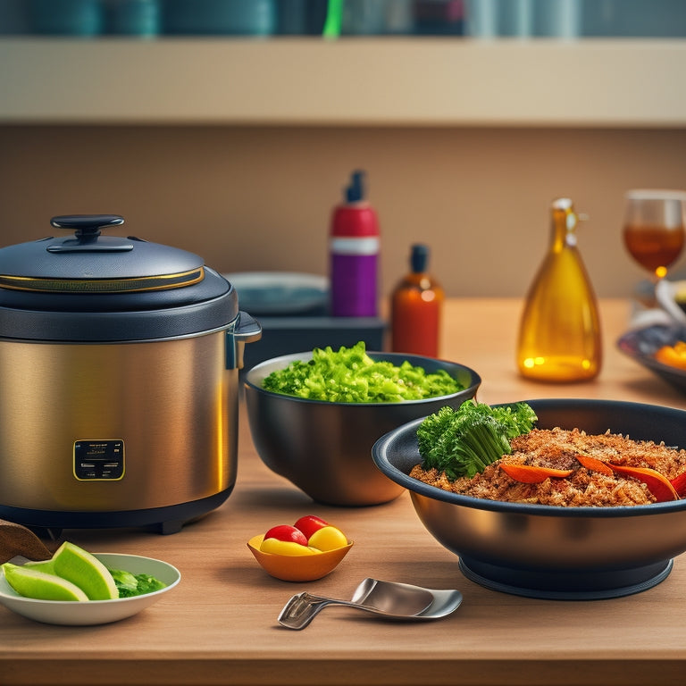 A warm, golden-lit kitchen scene: a sleek, stainless steel COMFEE rice cooker sits on a counter, surrounded by steaming bowls of cooked rice, stir-fried vegetables, and a few scattered utensils.