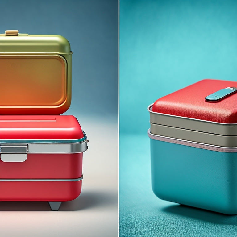 A split-screen image featuring a vintage metal lunch box with a faded cartoon character on the front, alongside a modern, sleek bento box with a subtle, minimalist design.