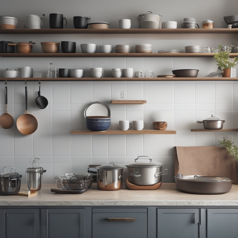 A tidy kitchen with a row of sleek, wall-mounted lid organizers, each holding a variety of lids in different sizes, alongside a few neatly arranged pots and pans on a nearby countertop.