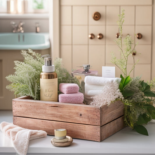 A serene, minimalist bathroom countertop with a repurposed vintage wooden crate, adorned with delicate lace and pastel-hued flowers, storing neatly rolled feminine products and a few sprigs of fresh greenery.