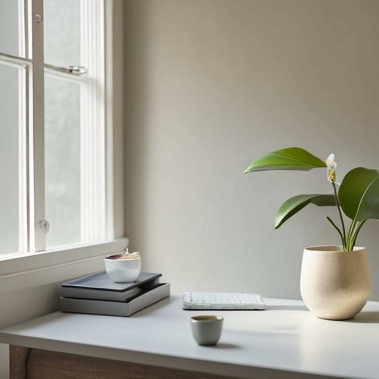 A serene, minimalist workspace with a wooden desk, a few essential office supplies, and a single, blooming orchid, set against a soft, creamy white background, bathed in warm, natural light.