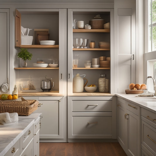 An organized kitchen corner with a revamped cabinet featuring pull-out shelves, soft-close drawers, and a lazy Susan, surrounded by sleek countertops and warm, natural light.