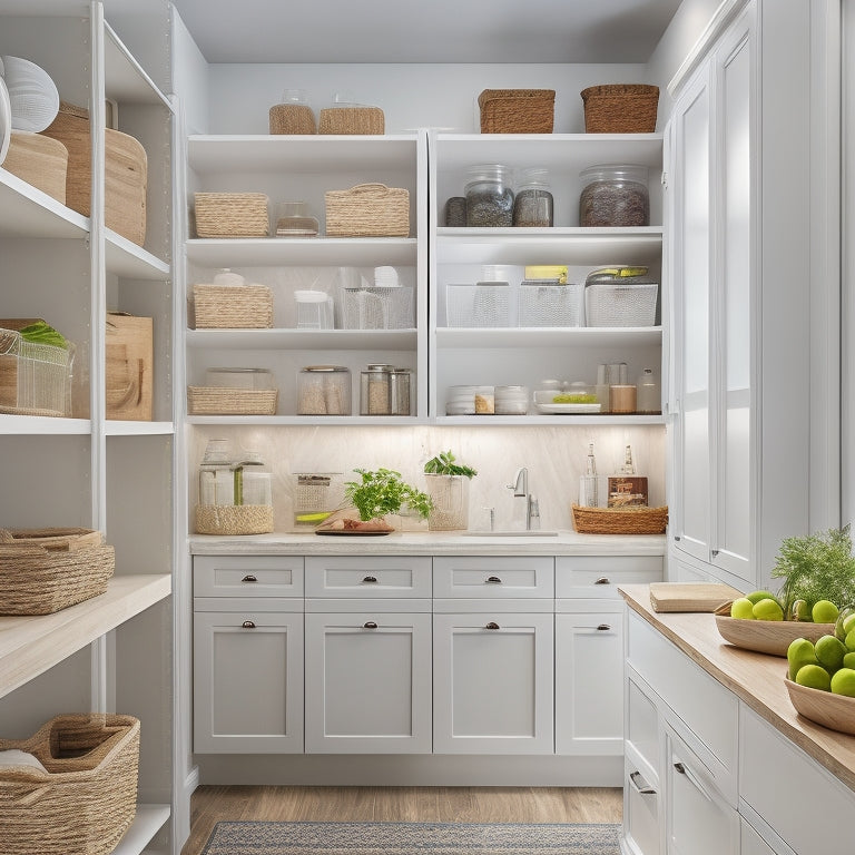 A bright, modern kitchen pantry with adjustable shelving, baskets, and bins in a calming white and wood tone color scheme, surrounded by sleek, handle-free cabinets.