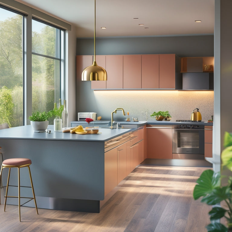 A modern kitchen with sleek, handleless cabinets, a large central island, and a cohesive color scheme, illuminated by natural light pouring in through a floor-to-ceiling window.