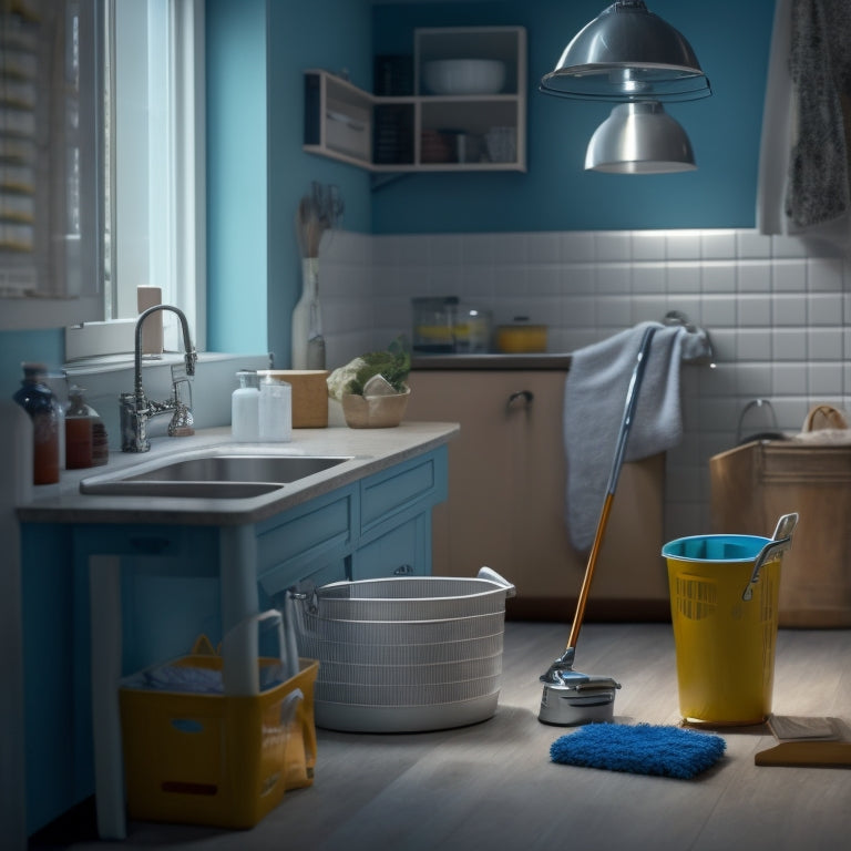 A tidy, well-lit kitchen with a few strategically-placed cleaning supplies: a mop leaning against a bucket, a caddy filled with microfiber cloths, and a small vacuum in the corner.