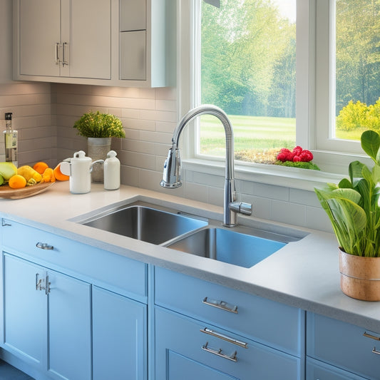 A bright, modern kitchen sink area with a stainless steel sink, surrounded by sleek, white cabinetry and featuring a built-in soap dispenser, utensil holder, and a slide-out trash can.