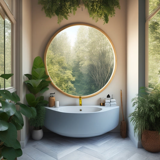 Generate an image depicting a serene bathroom with a symbolic layout, featuring a circular mirror above a rectangular sink, surrounded by lush greenery and a subtle yin-yang pattern on the floor.