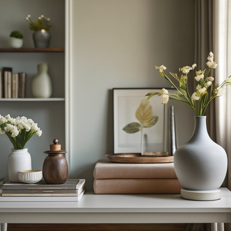 A serene and organized living room with a minimalist aesthetic, featuring a tidy bookshelf, a vase with fresh flowers, and a few carefully placed decorative items on a console table.