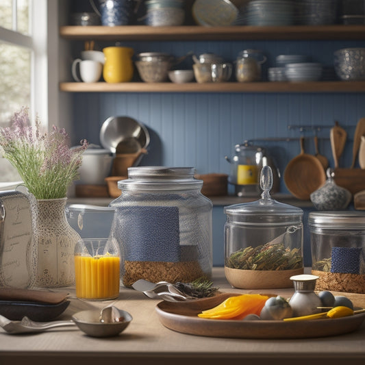 A cluttered kitchen counter with scattered utensils, cookbooks, and appliances, contrasted with a tidy, organized kitchen with labeled jars, a utensil organizer, and a few, carefully selected decorative pieces.