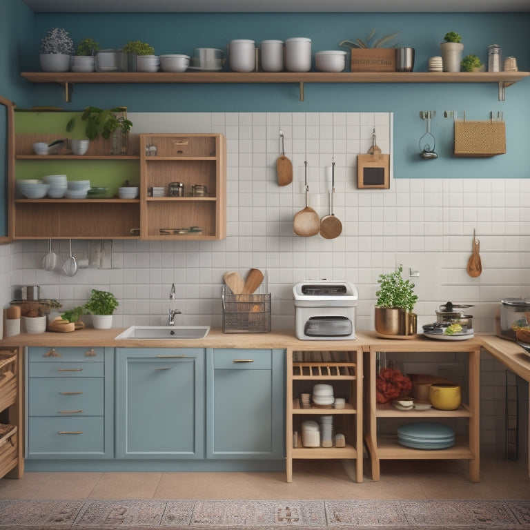 A compact kitchen with a small island, featuring a slide-out trash can, a set of stacked drawers, and a wall-mounted pegboard with hanging utensils and a spice rack.