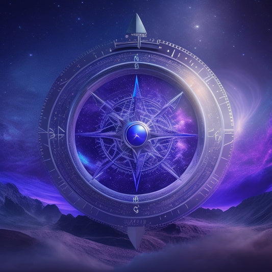 A stylized, futuristic compass with glowing blue lines and arrows, surrounded by orbiting spheres and constellations, set against a dark, starry night sky with subtle, swirling clouds of purple and silver.