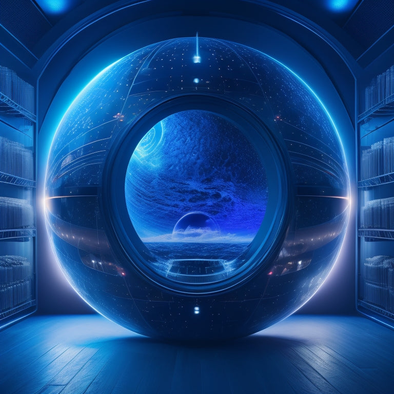 A futuristic, spherical repository filled with glowing, swirling information orbs, surrounded by sleek, silver shelves and softly pulsing blue neon lights, set against a dark, starry night sky background.