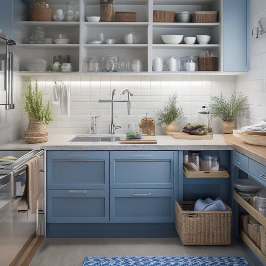 A tidy, well-lit, modern kitchen sink area with a slide-out drawer, adjustable shelving, and a pedestal organizer, showcasing a mix of baskets, containers, and hooks to maximize storage space.