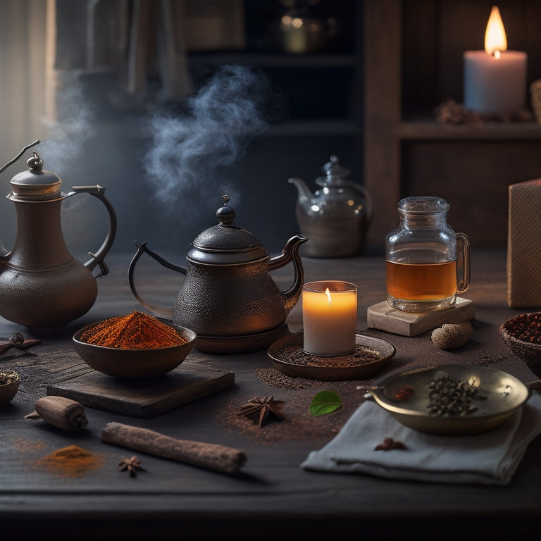 A warm and inviting scene featuring a wooden table with a steaming teapot, assorted spices, and various tea leaves, surrounded by candles and a few scattered recipe cards.