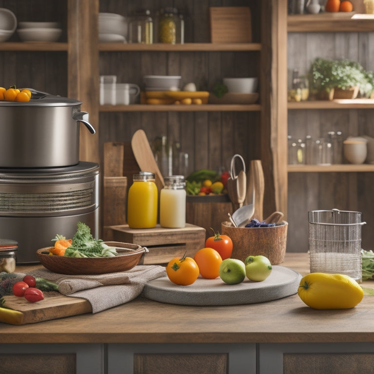 A rustic, wooden kitchen counter with a stainless steel refrigerator, a spiralizer, and a ceramic knife block in the background, surrounded by fresh vegetables and a few cookbooks.