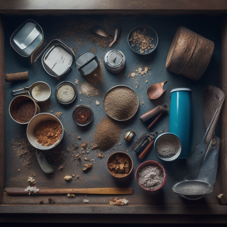 A cluttered kitchen drawer with jumbled utensils, tangled cords, and mismatched containers, surrounded by crumbs and spills, with a few broken or rusty items strewn about.