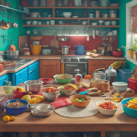 A messy kitchen with utensils scattered on countertops, a sink piled high with dirty dishes, and a cluttered pantry with food items spilling out, contrasted with a clean and organized kitchen in the background.