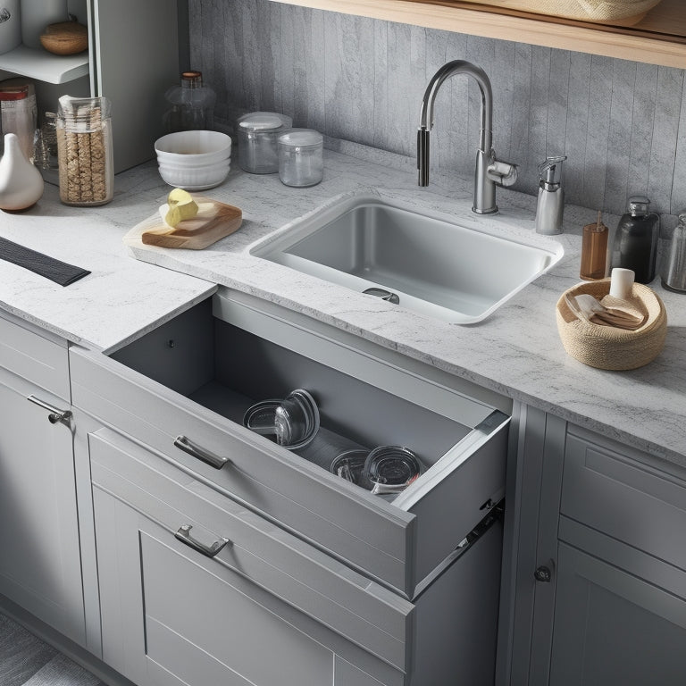 A tidy under-sink cabinet with a slide-out drawer, adjustable shelving, and a turntable for corner storage, surrounded by sleek, modern kitchen fixtures and a subtle marble backsplash.