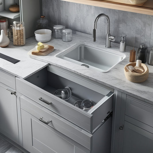 A tidy under-sink cabinet with a slide-out drawer, adjustable shelving, and a turntable for corner storage, surrounded by sleek, modern kitchen fixtures and a subtle marble backsplash.