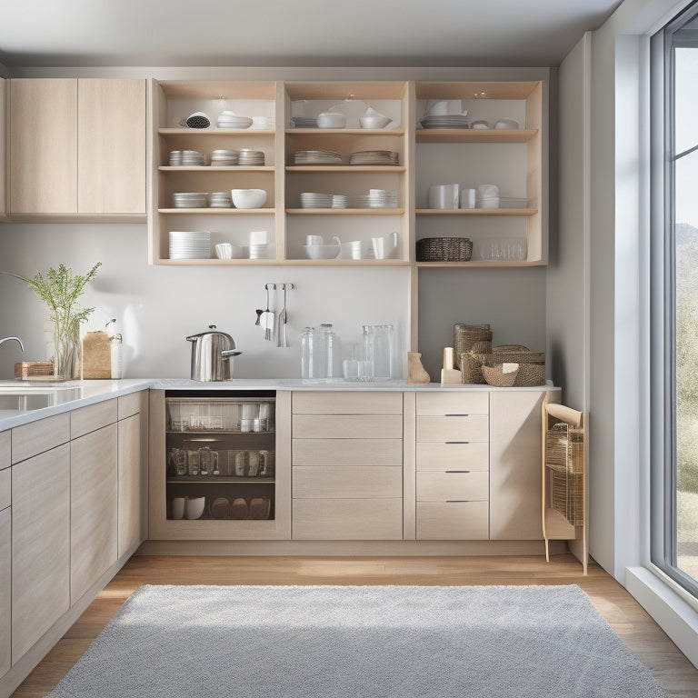 A modern, sleek kitchen with open drawers and cabinets, revealing perfectly organized storage systems, including dividers, baskets, and pull-out shelves, amidst a backdrop of warm, natural light and minimalist decor.