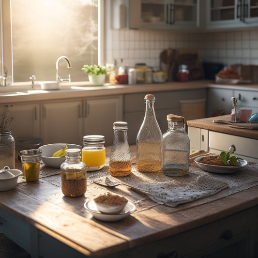 A messy kitchen with scattered dishes, crumbs, and spills, transformed into a sparkling clean space with a few strategically placed bottles of Sal Suds and cleaning tools, amidst a subtle background of sunshine and natural light.