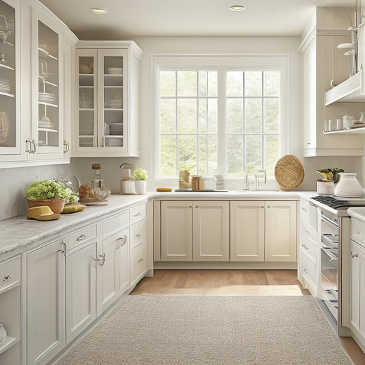 A serene kitchen interior with creamy white cabinets, warm hardwood floors, and soft natural light, featuring a perfectly organized kitchen cabinet with labeled baskets and utensils neatly arranged.